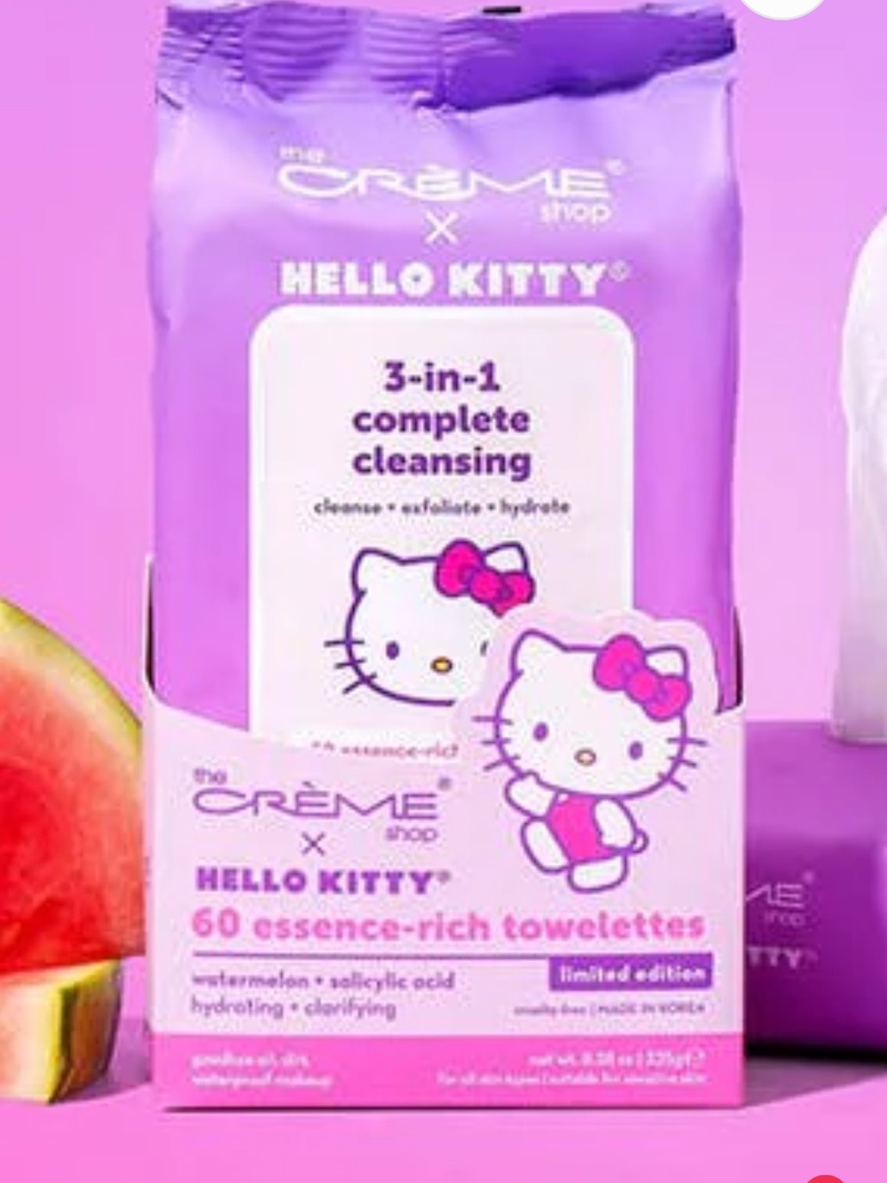 The Crème Shop x Hello Kitty 3-in-1 Complete Cleansing Towelettes – Purple